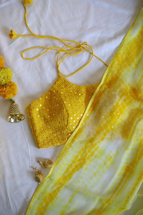 Yellow Organza Shibori Tie and Dye Saree Yellow Mirror Work Saree, Yellow Tie Dye Saree, Mirror Work Fabric, Tie And Dye Saree, Sleeveless Blouse Designs, Haldi Dress, Ethnic Wears, Shibori Sarees, Haldi Outfits