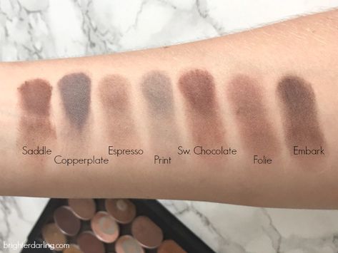 MAC Neutral Eyeshadow Swatches Saddle, Copperplate, Espresso, Print, Swiss Chocolate, Folie, Embark Mac Eyeshadow Swatches, Medium Olive Skin, Natural Eyeshadow Looks, Neutral Smokey Eye, Chocolate Eyeshadow, Mac Shadows, Mac Eyeshadow Palette, Slay Makeup, Eyeshadow Swatches