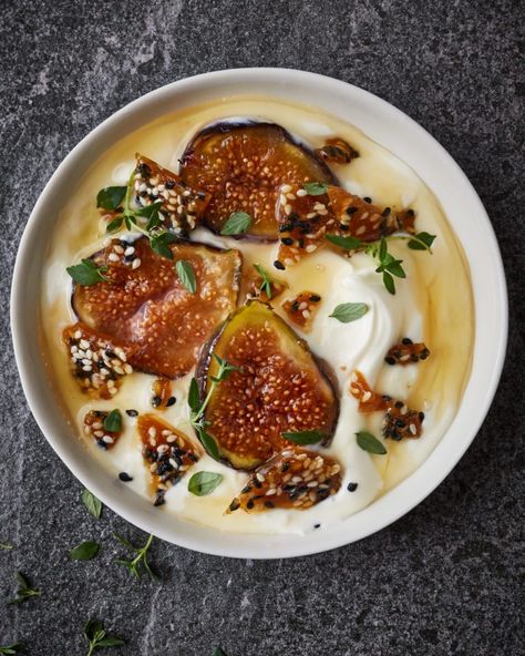 Honeyed figs with crème fraîche and sesame brittle Sesame Brittle, Herbal Honey, Shake N Bake, Fig Recipes, Delicious Magazine, Bread Recipes Sweet, Early Autumn, Seasonal Recipes, Latest Recipe