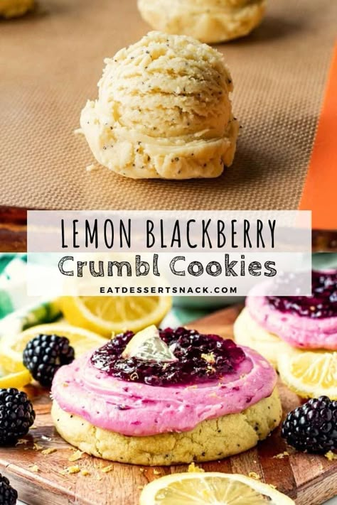 Crumbl Lemon Poppyseed Cookie, Blackberry Cookies Recipes, Spring Cookies Recipes, Crumble Copycat, Lemon Poppyseed Cookies, Crumbl Recipes, Blackberry Cookie, Poppyseed Cookies, Copycat Crumbl Cookies