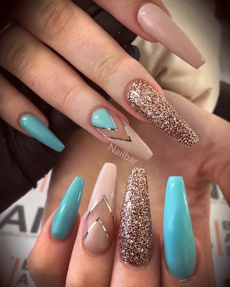 Teal Nails Design Ideas, Turquoise Fall Nails, Brown And Turquoise Nails, Copper And Turquoise Nails, Brown And Teal Nails, Aqua And Brown Nails, Gold Turquoise Nails, Teal With Gold Nails, Teal And Gold Nails Coffin