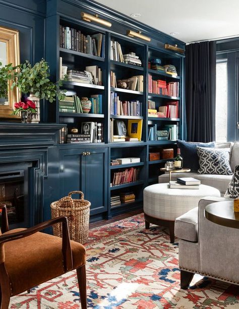 Navy Office Walls, Sw Rain, Dark Blue Dining Room, Large Bay Window, Dining Room Navy, Styling A Bookcase, Navy Interior, Home Library Rooms, Navy Living Rooms