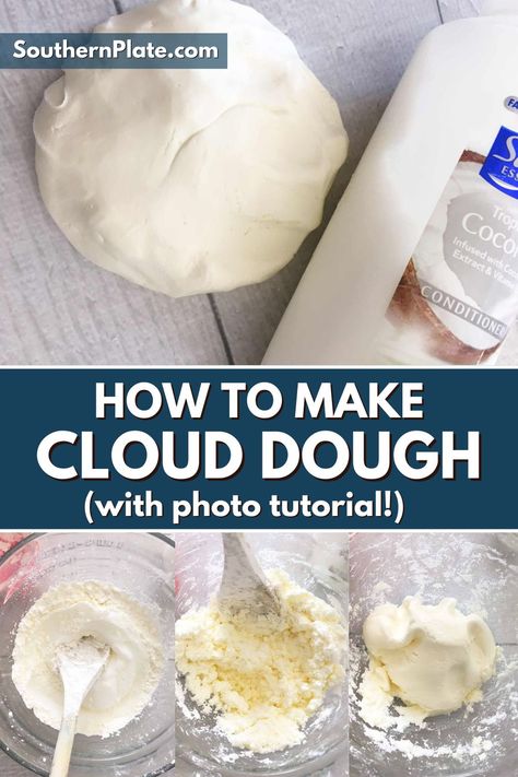 Easy step-by-step instructions on how to make Cloud Dough nice and fluffy with only two ingredients. So simple and with ingredients you most likely have on hand. A fun craft and sensory activity for kids! Cloud Dough Recipe 2 Ingredients, Cornstarch And Conditioner, Cloud Dough Recipe, Gingerbread Play Dough, Cloud Dough Recipes, Scented Play Dough, Plate Recipes, How To Make Clouds, Southern Cooking Recipes