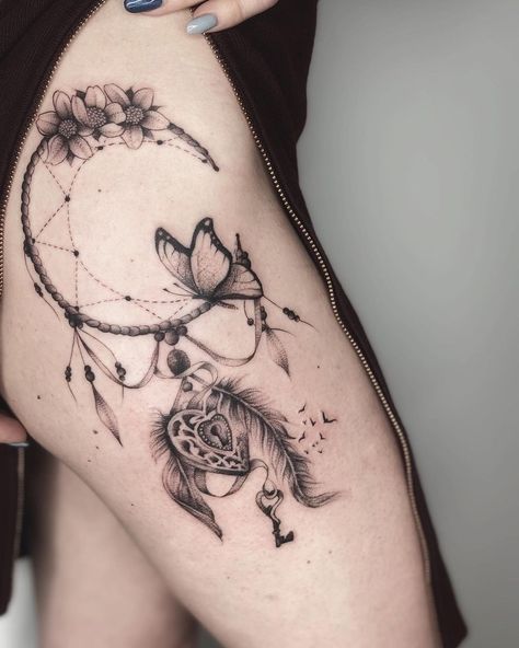 Deer Dream Catcher Tattoo, Dream Catcher Tattoo Thigh, Dream Catcher Thigh Tattoo, Dog Dreamcatcher Tattoo, Dreamcatcher Tattoo Thigh, Women’s Dream Catcher Tattoo, Fox Dream Catcher Tattoo, Tattoo Thigh, African Grey Parrot