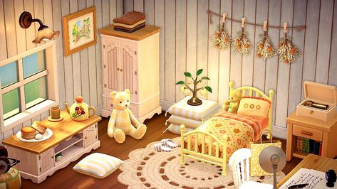 Yellow Acnh Codes, Pale Yellow Bedroom, Pastel Yellow Bedroom, Pale Yellow Bedrooms, Animal Crossing Happy Home Paradise, Happy Home Paradise, Yellow Furniture, Yellow Animals, Yellow Room