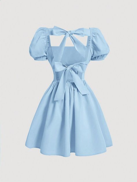 Solid Color Back-Tied Bowknot Women Short Bubble Sleeve Dress Blue Casual  Short Sleeve Woven Fabric Plain A Line Non-Stretch  Women Clothing, size features are:Bust: ,Length: ,Sleeve Length: Cute Blue Dresses Short, Blue Flowy Dress Short, Cute Blue Clothes, Outfits Azul, Short Puffy Dresses, Room Ac, Blue Bridesmaid Dresses Short, Cute Blue Dresses, Puffy Dresses