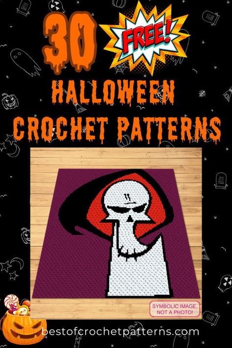 The ultimate collection of Halloween crochet patterns awaits your hook. Click to see All 30 Free Crochet Patterns! Halloween Crochet Blanket Patterns Free, C2c Halloween, Reaper Crochet, Free Halloween Crochet Patterns, Free Halloween Crochet, Cartoon Present, Big Yarn, Cozy Crochet Patterns, Blanket Ideas