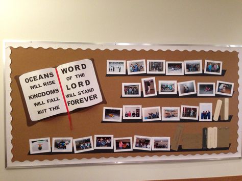 Picture frames on a Bulletin Board Bulletin Board With Pictures, Board With Pictures, Ocean Words, Church Photos, Photo Board, Community Outreach, Church Crafts, Photo Boards, Bulletin Boards