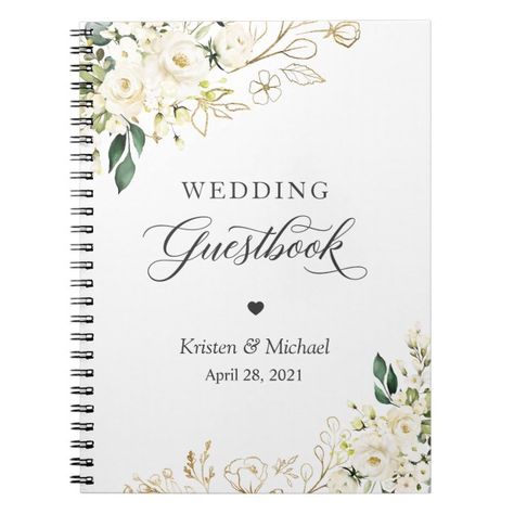 Ad: Greenery White Rose Gold Floral Wedding Guestbook. (1) For further customization please click the "customize further" link and use our design tool to modify this template. (2) If you need help or matching items please contact me. #guestbook #wedding #elegant #flowers #bridal #shower #baby #greenery #gold #white #roses #peonies #Notebook Wedding Guest Book Table, Wedding Guest Signing, Elegant Wedding Flowers, Bridal Shower Guest Book, Floral Notebook, Zazzle Wedding, Bridal Shower Flowers, Rustic Wedding Guest Book, Personalised Wedding Invitations