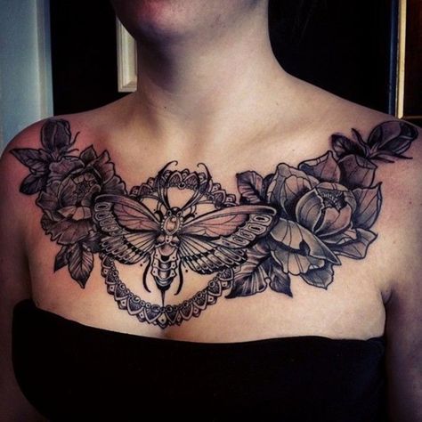 Amazing+Chest+Bee+Tattoos Tattoo Henna, Tattoos For Women Flowers, Cool Chest Tattoos, Pieces Tattoo, Chest Tattoos, Chest Tattoos For Women, Chest Piece Tattoos, Tattoos Geometric, Moth Tattoo