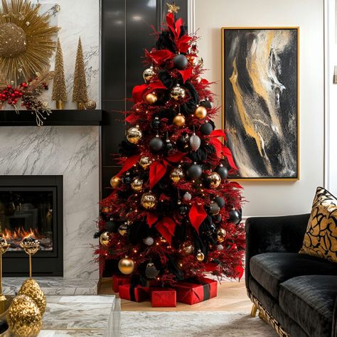 A luxurious red and black Christmas tree decorated with black velvet ribbon, gold accents, and ornaments. Perfect for a chic, festive living room setting with a marble fireplace. Red Black And Gold Christmas Tree, Black And Red Christmas Tree, Red And Black Christmas Tree, Dark Red Christmas, Black And Red Christmas, Festive Living Room, Red Christmas Trees, Red And Black Christmas, Yule Celebration