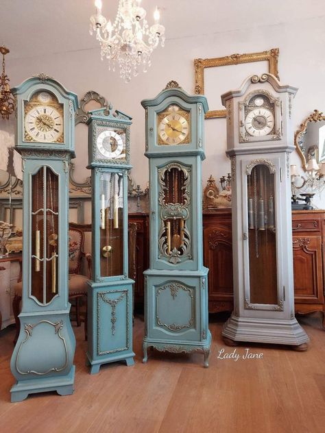 Refurbished Grandfather Clock, Painting A Grandfather Clock, Grandfather Clock Makeover, Villa Hallway, Painted Grandfather Clock, Repurposed Grandfather Clock, Grand Father Clock, Thrift Flip Furniture, Modern Grandfather Clock