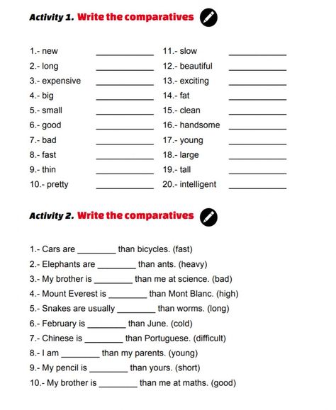 Comparatives online activity for Grade 3. You can do the exercises online or download the worksheet as pdf. Adjective Worksheet For Grade 3, Worksheet Of Adjectives, Comparative Adjectives Activities, Comparative Adjectives Grammar, Comparative Adjectives Exercises, Comparative Adjectives Worksheets, Comparatives And Superlatives Worksheets, Comparatives Worksheet, Comparative Adjective