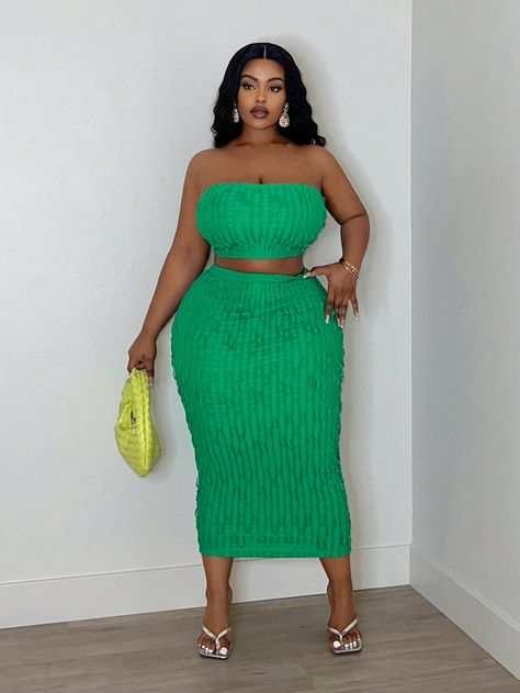 SHEIN Slayr Plus Size Elegant Stretchy Knit Ribbed Green Tube Top And Skirt Set For Summer Piece OutfitsI discovered amazing products on SHEIN.com, come check them out! Green Tube Top For Beach Season, Green Stretch Tube Top For Beach, Summer Ruched Solid Color Tube Top, Cheap Green Bandeau Tube Top, Plus Size Micro Tube Top, Green Tube Top, Tube Top And Skirt, Plus Size Elegant, Amazing Products