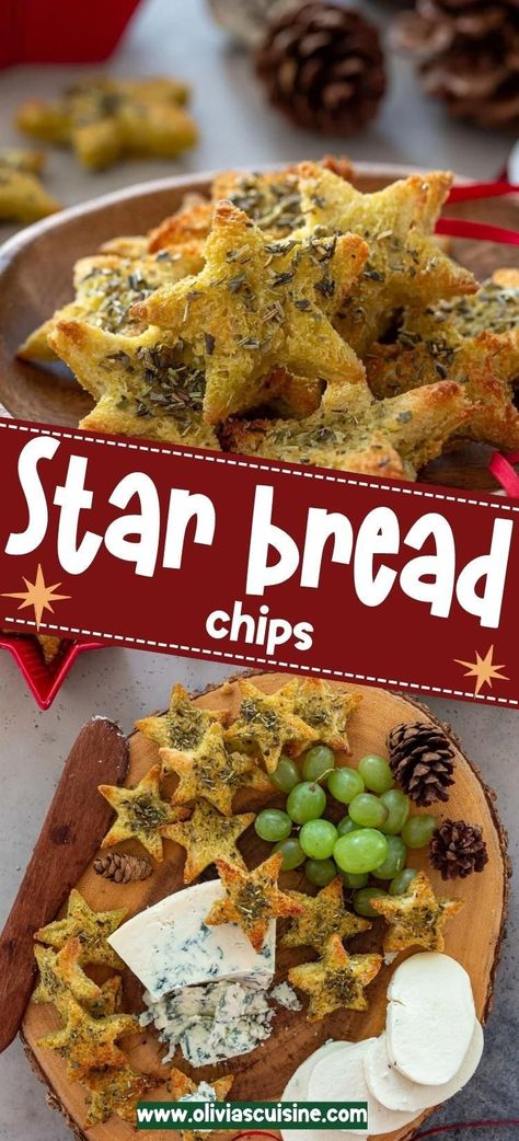 These homemade star bread chips are the perfect easy appetizer or adding to a charcuterie board. Made with crusty bread, olive oil, and herbs, these star bread chips are perfect for dunking, dipping, and serving for the holiday season. Great for New Years and the 4th of July too! Star Shaped Appetizers, Star Charcuterie Board, Movie Meals, Bread Olive Oil, Bread Chips, Appetizer Table, Christmas Appetizers Easy, Star Bread, Christmas Bread