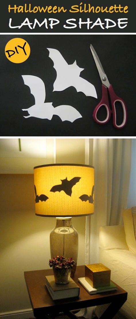 Awesome Halloween shade lamp  Other patterns would look great too (I'm gonna try to make one with witch hats and cats) Diy Halloween Dekoration, Terrifying Halloween, Hallowen Ideas, Homemade Halloween Decorations, Halloween Silhouettes, Halloween Tags, Halloween 2015, Homemade Halloween, Halloween Doll