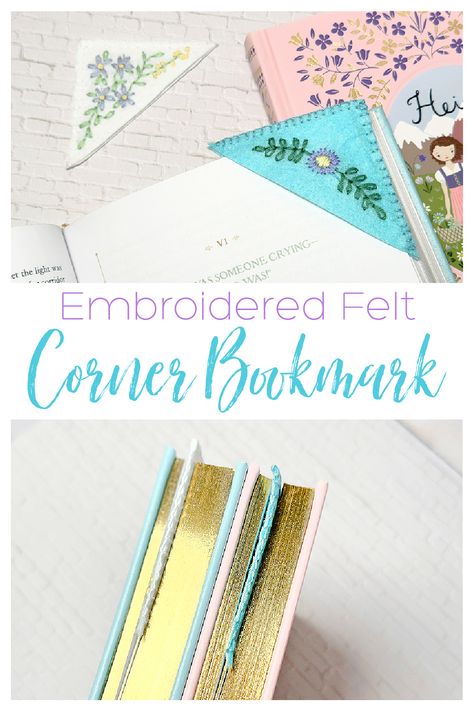 Felted Wool Bookmarks, Cloth Corner Bookmarks, How To Embroider Corner Bookmark, Corner Bookmarks Felt, Felt Page Corner Bookmark, Embroidered Felt Corner Bookmarks, Bookmark Felt Diy, How To Embroider On Felt, Hand Embroidered Corner Bookmark Diy