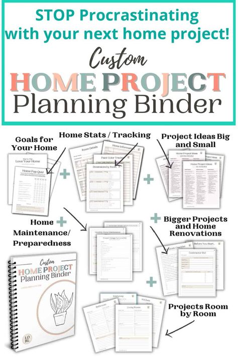 The Custom Home Project Planning Binder can help you create a plan for home projects so you know exactly what project needs your focus and attention next! Create a home you love today! Home Project Binder, Home Project Planner, Project Binder, Binder Decoration, Project Planning Template, Chalk Paint Furniture Diy, Emergency Binder, Home Maintenance Checklist, Household Binder