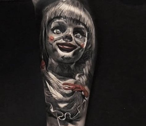 Annabelle tattoo by Eliot Kohek | Post 29834 Annabelle Tattoo, Eliot Kohek, Realistisches Tattoo, Haunted Doll, Clown Tattoo, C Tattoo, Fusion Ink, Theme Tattoo, Realistic Tattoo