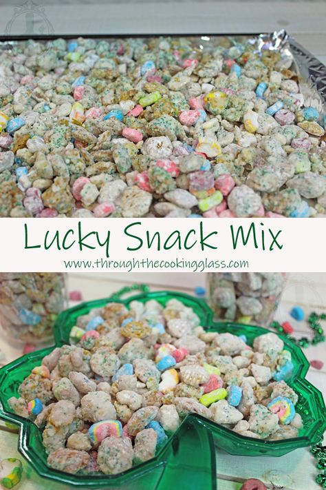 Lucky Snack Mix | Through the Cooking Glass Crispix Cereal, Muddy Buddies Recipe, Cereal Mix, Lucky Charms Marshmallows, Lucky Charms Cereal, Party Picks, Decadent Chocolate Cake, Snack Mix Recipes, Holiday Snacks