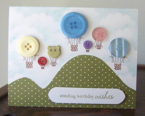 Card With Buttons, Button Making, Making Cards, Button Cards, Hot Air Balloons, Cards Ideas, Handmade Greetings, Card Making Inspiration, Button Crafts