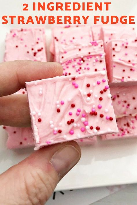 This Strawberry Fudge is an easy 2 ingredient fudge topped with sprinkles.  #2IngredientFudge #StrawberryFudge #PinkFudge #ValentineFudge #ValentinesDayFudge #MyTurnforus Pretty Strawberry Cake, Pink Fudge, Strawberry Cake Cookies, Strawberry Fudge Recipe, Strawberry Fudge, 2 Ingredient Fudge, Strawberry Cake Mix Cookies, Cake Box Cookies, Homemade Fudge Recipes