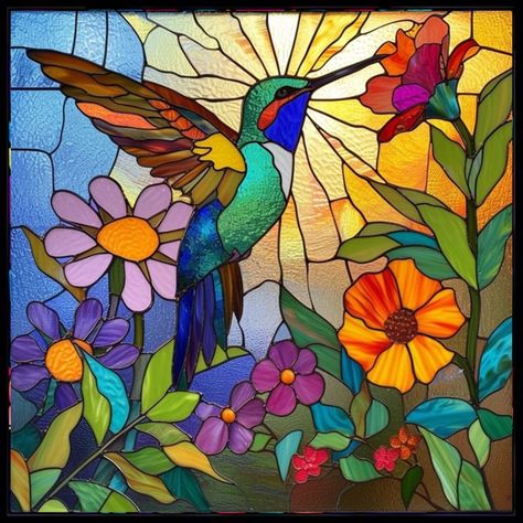 Humming Birds Painting, Painting A Hummingbird, Stained Glass Nature Scenes, Hummingbird Mosaic Pattern, Bird Glass Painting, Stained Glass Humming Bird, Stain Glass Painting Ideas, Cool And Warm Color Painting, Harmony Art Drawing