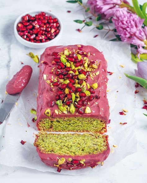 Pistachio Cardamom Rose Loaf #dessert #healthy #dairyfree #vegan #glutenfree #oats #oatflour #wheatfree #freefrom #sesame #sesamepaste #middleeastern #arabic #recipe #sweet #halva #breakfast #dates #datesyrup #pistachios #rose #rosewater #cardamom #arabicfood #iraqi #blogger Pistachio Rose Cardamom Cake, Vegan Gf Recipes Desserts, Pistachio Cardamom Rose Loaf, Baking With Pomegranate Seeds, Healthy Vegan Gluten Free Desserts, Pistachio Pomegranate Cake, Vegan And Gluten Free Recipes Desserts, Vegan Gf Cake, Healthy Snacks For Party