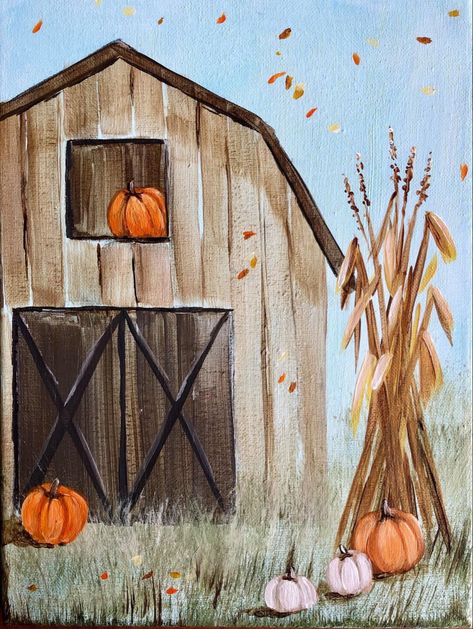 Thanksgiving Easy Paintings, Fall Painting Background, Fall Truck Paintings On Canvas, Pumpkin Paint Night Ideas, Fall Cow Painting, October Paintings Easy, Painting Fall Ideas On Canvas, Fall Paintings Pumpkins, Fall Harvest Painting