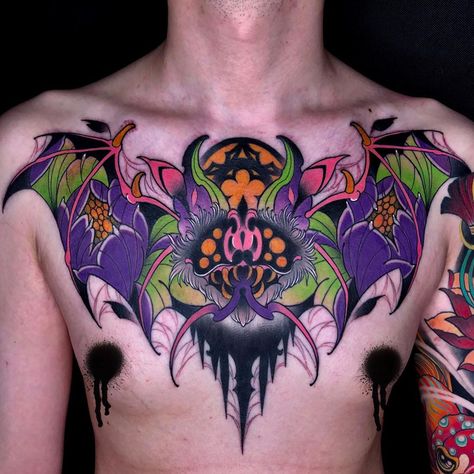 Neotraditional Bat Tattoo, Neotraditional Chest Tattoo, Bat Back Tattoo, Bat Chest Tattoo, Gothic Traditional Tattoo, Newschool Tattoos, Armpit Tattoo, Traditional Chest, Flash Ideas