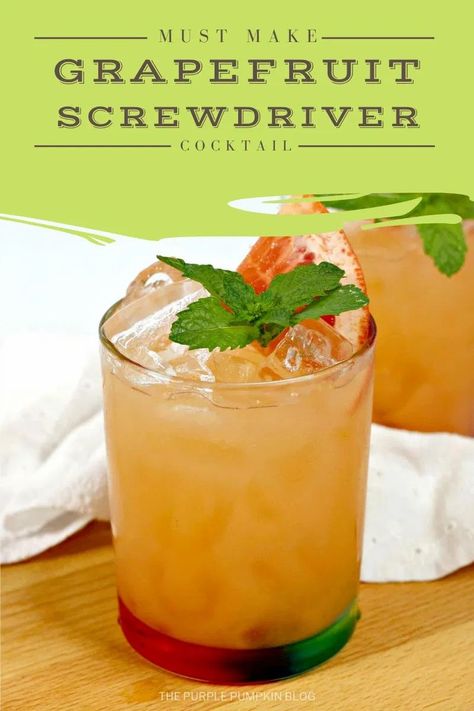 A twist on a classic cocktail, this Grapefruit Screwdriver is made with red grapefruit juice instead of the usual orange juice. But that's not all! Grapefruit liqueur goes in along with vodka for a refreshing, tart drink that is great for brunch or for sipping in the sunshine! Mix it up even further by using flavored vodkas! #GrapefruitScrewdriver #ScrewdriverCocktail #Cocktails #ThePurplePumpkinBlog #Recipes Grapefruit Juice Recipe, Jameson Cocktails, Screwdriver Cocktail, Grapefruit Drink, Orange Juice Cocktails, Orange Juice And Vodka, Grapefruit Vodka, Grapefruit Cocktail, Orange Vodka