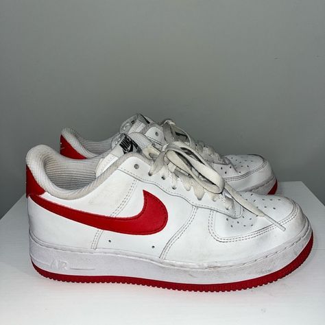 Nike White/Red Air Force 1 Size 7.5 Slay Shoes, Red Air Force 1, White Air Forces, Air Forces, Air Force One, Cute Nike Shoes, Cute Nikes, Nike White, White Nikes