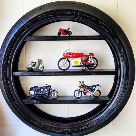 110/70/17 Tyre was power washed, then manually scrubbed, followed by a renewal gel to give it shine!
Wooden shelves were cut to width, black sprayed and dark charcoal clear coated.
Pretty happy with result! Bike Tyre Shelf, Tyre Shop Design, Tire Shelf, Wheel Clock, Tire Art, Diy Motorcycle, Sport Bike, Old Motorcycles, Old Tires