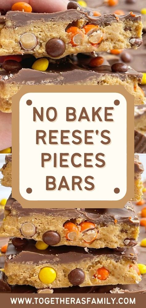 Peanut butter bars with Reese's pieces. A no bake dessert with one picture and a text overlay box in the middle. No Bake Reeses Peanut Butter Bars, Recipes With Reeses Pieces, Reese's Pieces Recipes, Reese’s Chips Recipes, Reece Dessert, No Bake Reese’s Peanut Butter Cup Cheesecake, Reese’s Pieces Recipes, Reese Pieces Dessert, Reeces Pieces Recipes