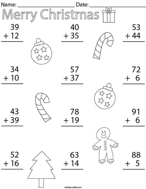 Christmas Double Digit Addition Math Worksheet - Twisty Noodle Christmas Math Worksheets 2nd Grade, Double Addition Worksheet, Christmas Worksheets 2nd Grade, Math Crossword, Preschool Readiness, Holiday Math Worksheets, Math Centres, December Math, Nursery Worksheets