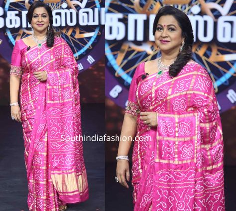 Radhika Sarathkumar Saree, Bandhni Saree Blouse Designs Latest, Bandhini Saree Blouse Designs, Bandhani Saree Rajasthani, Pink Bandhani Saree, Radhika Sarathkumar, Celebrity Saree, Saree Hairstyles, Bridal Blouses