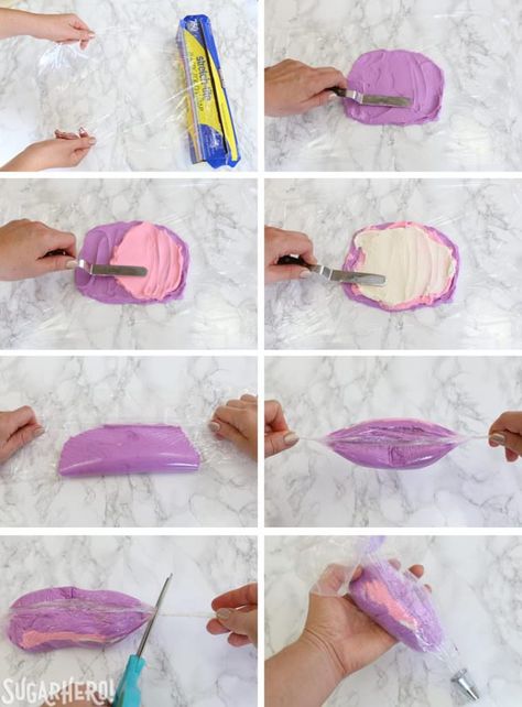 How to fill a piping bag with multiple colors | From SugarHero.com Two Color Icing Cupcakes Piping Bag, How To Fill Piping Bag, Piping Two Colors Of Frosting, Birthday Frosting, Russian Piping Tips, Icing Ideas, Cake Tips, Frosting Colors, Cake Piping