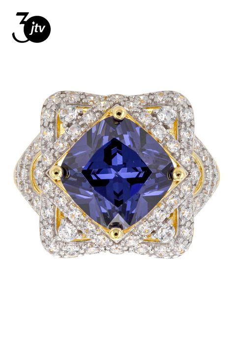 Bella Luce�� Esotica��� tanzanite and white diamond simulants 8.79ctw square cushion and round, Eterno��� 18k yellow gold over sterling silver ring. Measures approximately 0.88" L x 0.63" W and is not sizeable. Diamond Simulant, White Diamond, Sterling Silver Ring, Silver Ring, Sterling Silver Rings, Cubic Zirconia, Silver Rings, Blue And White, Yellow Gold