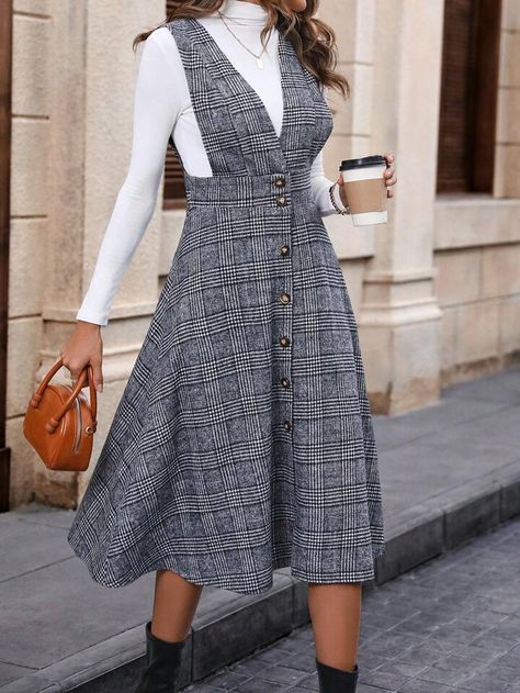 Plaid Print Button Front Overall Dress Without Sweater Dress For Pregnant, Dress For Pregnant Women, Maternity Clothing, Pinafore Dress, Sweaters Online, Vestido Casual, Overall Dress, Plaid Print, Women Dresses