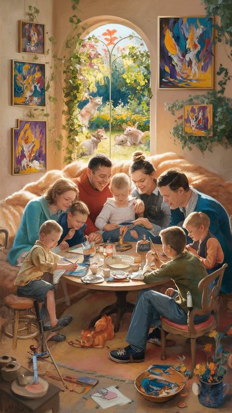 Immerse yourself in a heartwarming family scene within a cozy sunlit room, where vibrant Fauvist art ignites joy. A diverse family paints, reads, and plays games, surrounded by soft textures and a lush garden view. Celebrate the beauty of familial bonds, emotion, and nature. Discover the essence of togetherness through family art prints. #FamilyArt #Fauvism #Impressionism #Romanticism #Togetherness Sunlit Room, Diverse Family, Fauvist Art, Family Togetherness, Family Art Print, Art Retreats, Family Painting, Family Decor, Fauvism