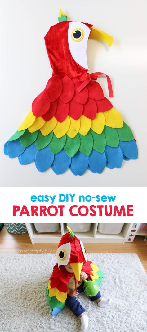 How To Make A Parrot Costume, Diy Felt Costumes, Parrot Diy Craft, Easy Sew Halloween Costumes, Diy Bird Costume Kids, Toddler Pirate Costume Diy, Diy Animal Costume For Kids, Diy Easy Costumes, Easy Diy Kids Costumes