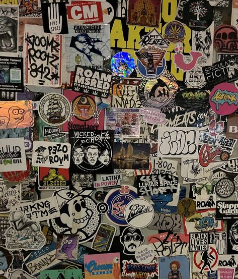 Sticker Wall Aesthetic, 90s Punk Aesthetic, 90s Skater Aesthetic, Skater Room Aesthetic, 90s Grunge Room, Punk Aesthetic Wallpaper, Skater Wallpaper, 90s Grunge Bands, Skater Room