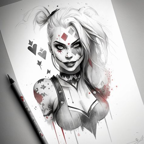 Female Joker Tattoo Ideas, Harley Quinn Pin Up Tattoo, Tattoo Harley Quinn, Harley Queen Tattoo, Harley Quinn Tattoo Ideas For Women, Harley Quinn Tattoo Design, Dark Disney Tattoos, Mujeres Tattoo, Joker Tattoo Design