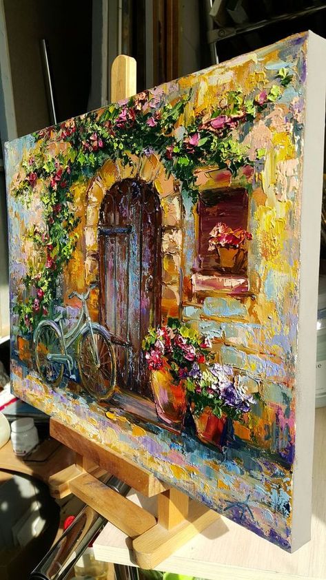 Painting oil " Cozy patio " original impasto artwork Oil painting by Anastasia Kozorez | Artfinder Anastasia Kozorez, Urban Landscaping, Impasto Artwork, Mediterranean Paintings, Kulfi Recipe, Simple Subject, Fabric Painting Techniques, Sky Art Painting, Cozy Patio