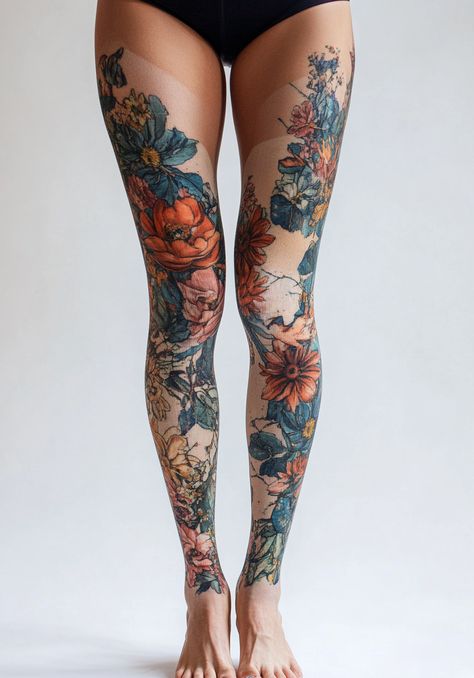 women-leg-sleeve-tattoo-ideas Colorful Patchwork Tattoos, Plant Leg Sleeve, Patchwork Tattoo Color, Botanical Leg Tattoo, Full Leg Tattoos Women, Leg Sleeves For Females, Leg Sleeve Tattoos, Full Leg Tattoos