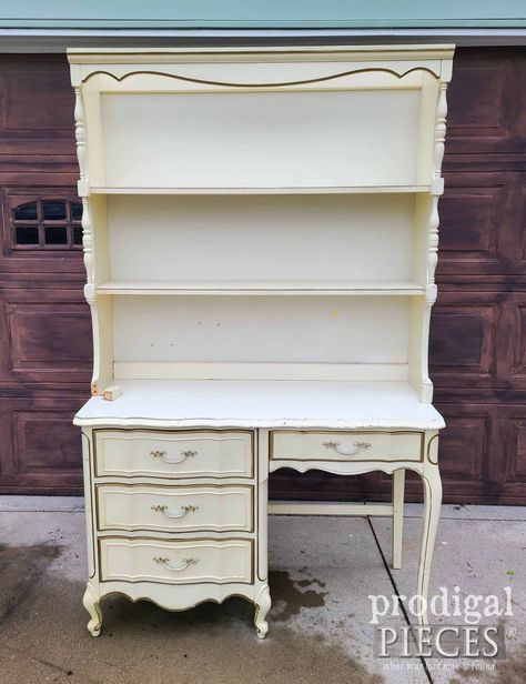 French Provincial Desk With Hutch, Desk With Hutch Makeover, French Provincial Desk Makeover, French Style Desk, French Provincial Desk, Refurbished Desk, Shelf Makeover, Chic Beach House, Making A Bench