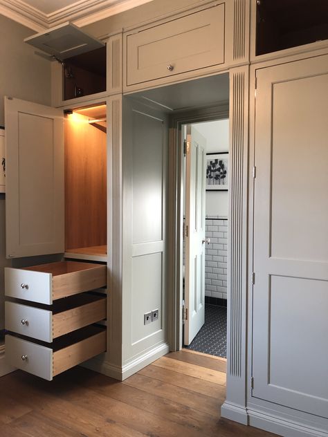 Closet Over Doorway, Built In Armoire Closet Master Bedrooms, Hidden Master Closet, Loft Above Closet, Large Built In Wardrobe, Wardrobe Design Walk In Closet, Hidden Ensuite Wardrobe, Pass Through Closet, Bathroom Cabinets Ideas