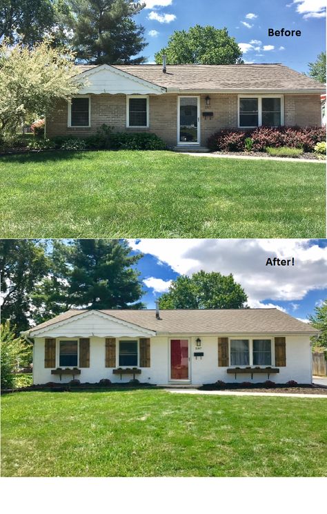 Before and after pictures of our ranch home! Curb appeal on a budget :) Limewashed Brick, Limewash Brick, Painted Brick Ranch, Brick Ranch Houses, White Bricks, Ranch House Exterior, Painted Brick House, House Flip, House Makeovers