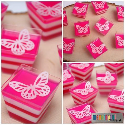 Butterfly Food - Pink Layered Jello Cups Pink Jello Dessert, Butterfly Food Ideas, Butterfly Desserts, Butterfly Snacks, Butterfly Food, Chocolate Butterflies, Layered Jello, Butterfly Party Decorations, Jello Cups