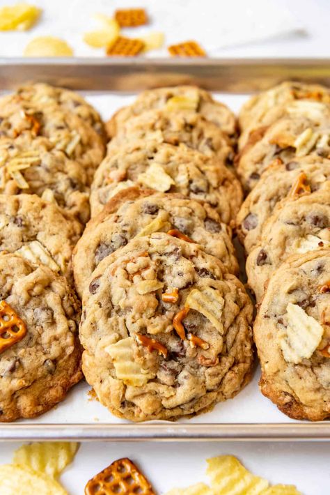 Kitchen Sink Cookies (which are sometimes also called compost cookies) are made with a soft vanilla cookie dough base that's then loaded with chocolate chips, salty pretzel pieces, potato chips, crunchy Graham Cracker pieces, and toffee bits—basically everything but the kitchen sink! These are a HUGE favorite and one that my real life friends and family request over and over because they are just so dang good! #kitchensinkcookies #compostcookies #cookies Everything But The Kitchen Sink Cookies Recipes, Cookie Tiktok, Kitchen Sink Cookies Recipe, Vanilla Cookie Dough, Compost Cookies, Sink Cookies, Kitchen Sink Cookies, Potato Chip Cookies, Everything But The Kitchen Sink